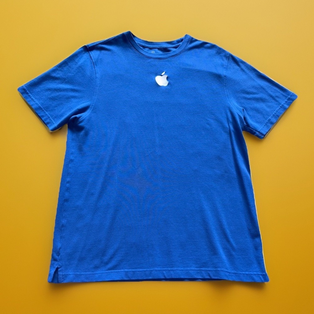 Apple Employee T Shirt Knit Terry Cotton Blue Embroidered Logo Large 2000s Vtg